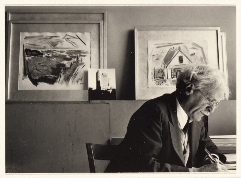 Alfred Stieglitz Spotting Portrait of Dorothy Norman, (with Marin Paintings and Stieglitz in Background) An American Place, New York