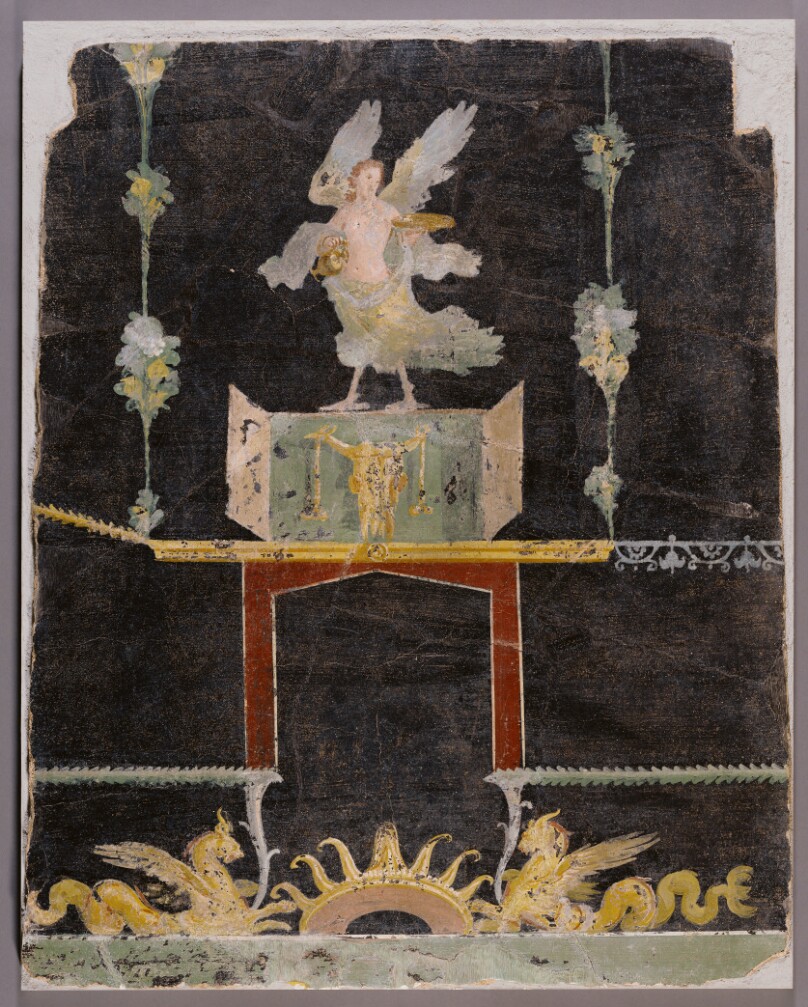 Wall fragment with Siren, Sea Monsters and Niche on Black Ground