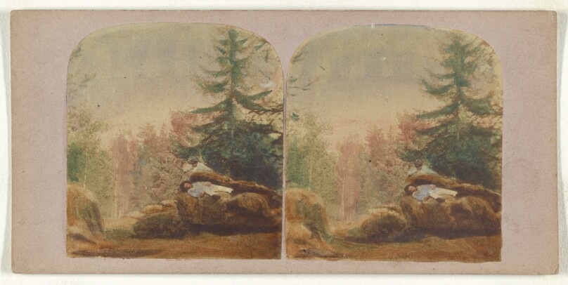 [Two men on a rock in a forest]