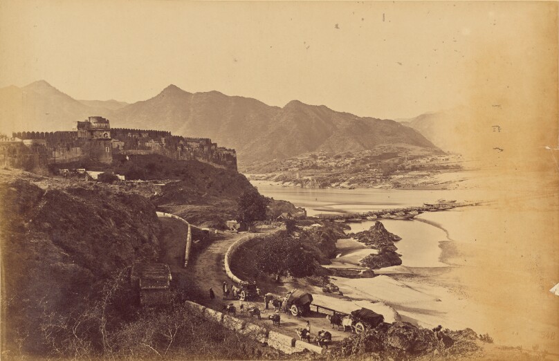 Fort Attock, with Bridge of boats and Khairabad, from below the old Seraie on left bank of Indus