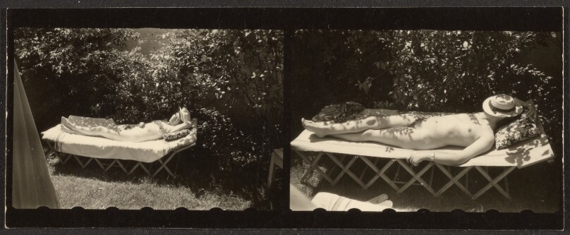 [Contact print - strip from two Leica negatives: nude woman in hat sunning herself]