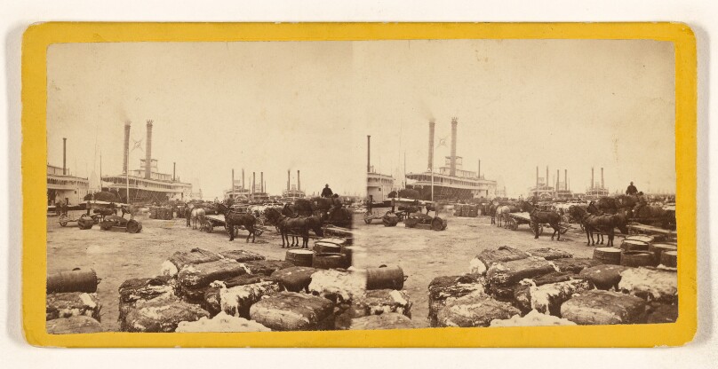 Steamboat Landing, Head of Common Street, looking diagonally across the River, showing a few bales of the "Staple" on the Levee.