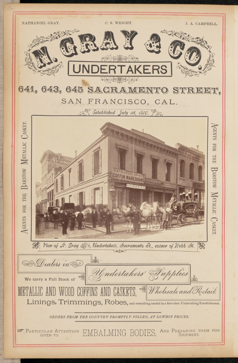 View of N. Gray and Company's, Undertakers, Sacramento Street, Corner of Webb Street