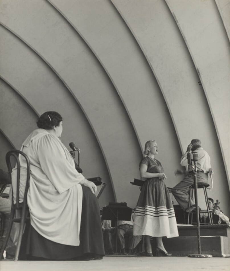 Mama Nina Koshetz coaches daughter Marina at rehearsal in Hollywood Bowl, 1949
