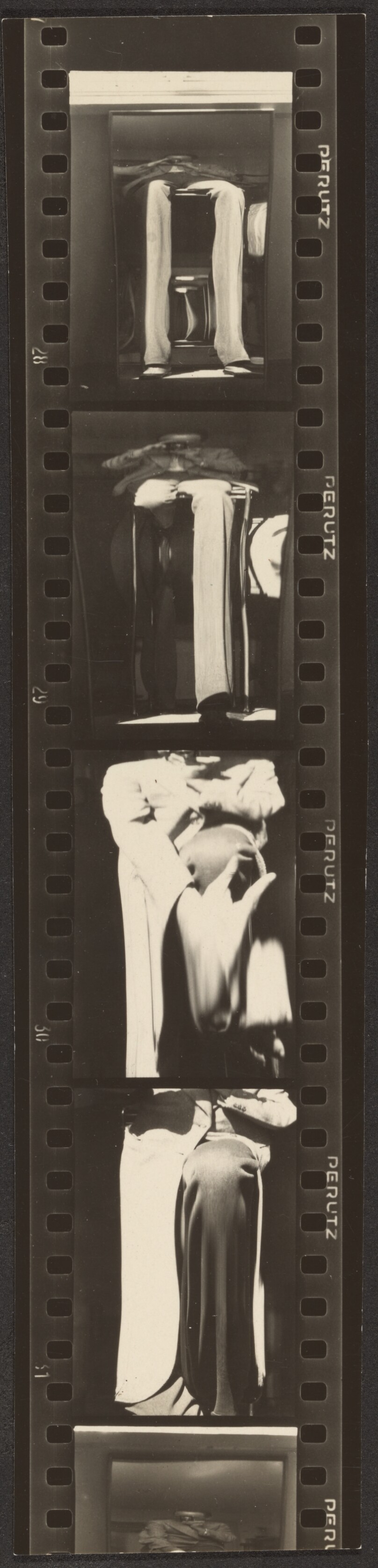 [Contact print-strip from 4 and 1/3 Leica negatives: self-portraiture in distortion mirror]