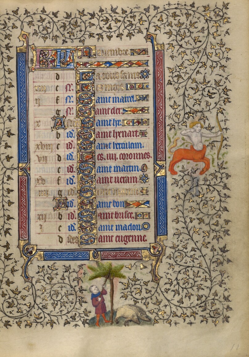 Calendar Page for November; Gathering Acorns for Pigs; Sagittarius