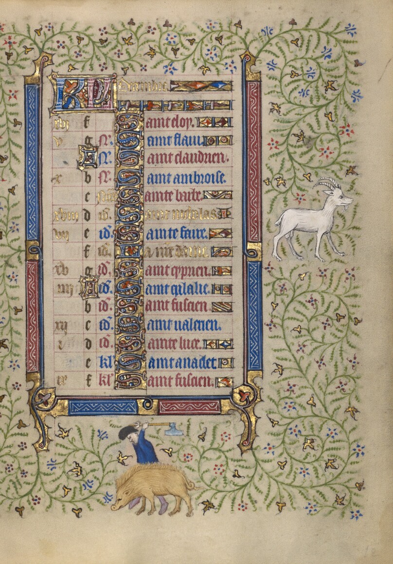 Calendar Page for December; Slaughtering Pigs; Capricorn