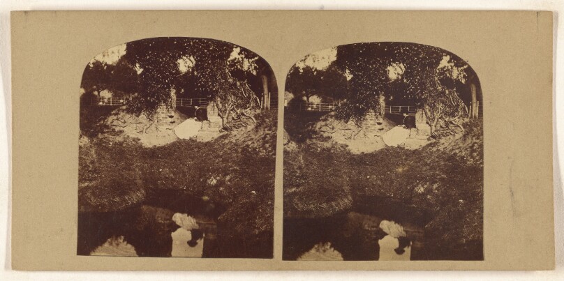 [Woman seated on ground overlooking a brook, her reflection seen in the brook]