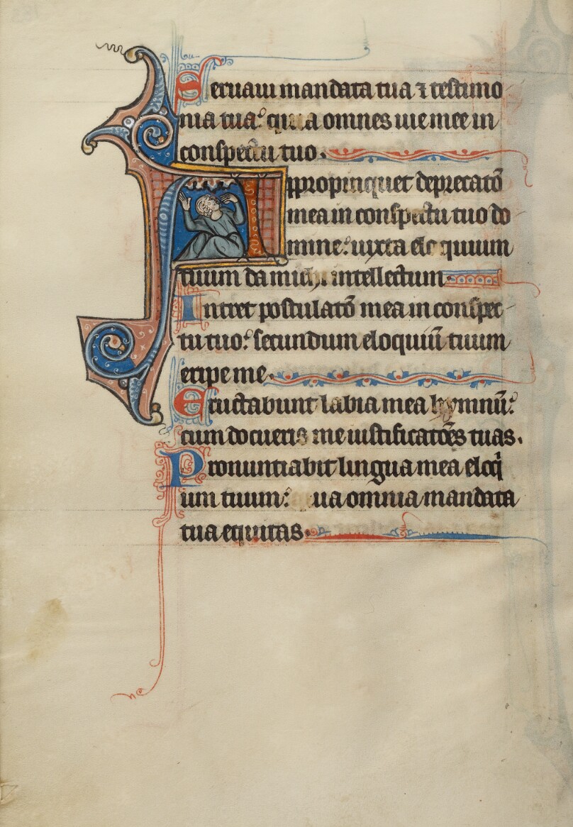 Initial A: A Seated Man with a Rock Looking up to Heaven