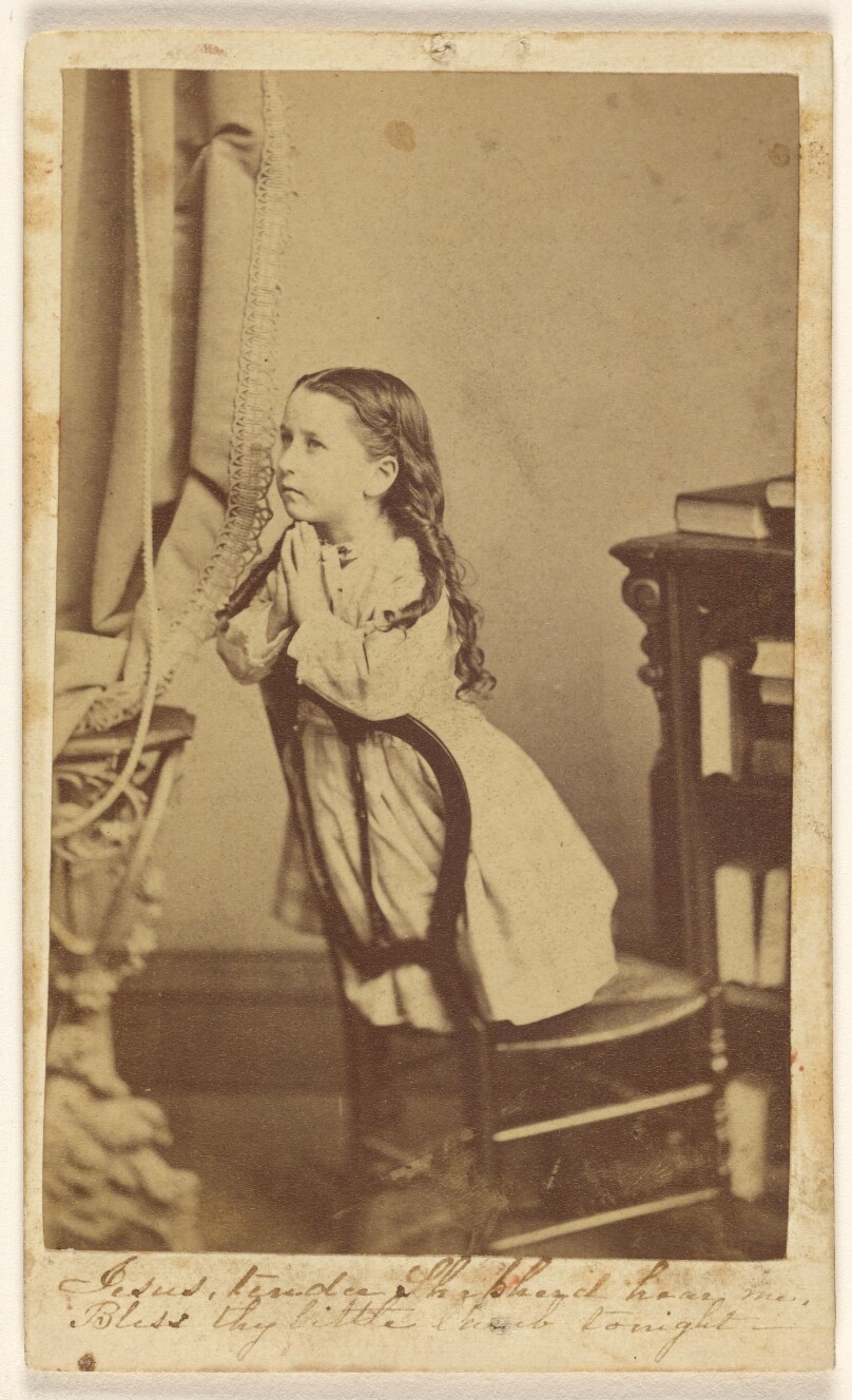 Jesus, tender. Shepherd have me, Bless thy little lambs tonight -[little girl praying, kneeling in chair]