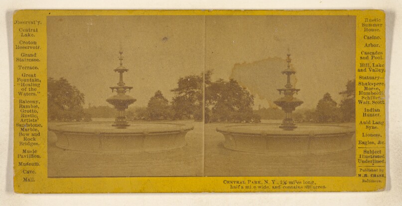 Central Park, N.Y., 2 1/2 miles long, half a mile wide, and contains 838 acres.