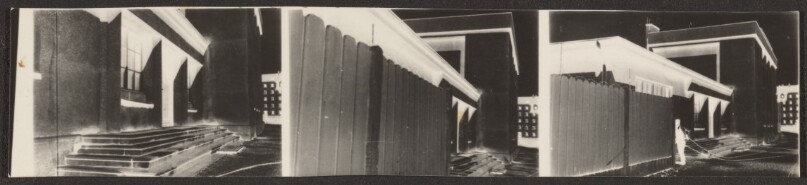 [Contact print-strip from three 37mm film positives: building being approached (in negative)]