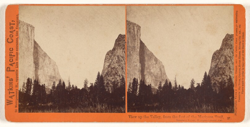View up the Valley, from the foot of the Mariposa Trail, Yosemite Valley, Mariposa County, Cal.