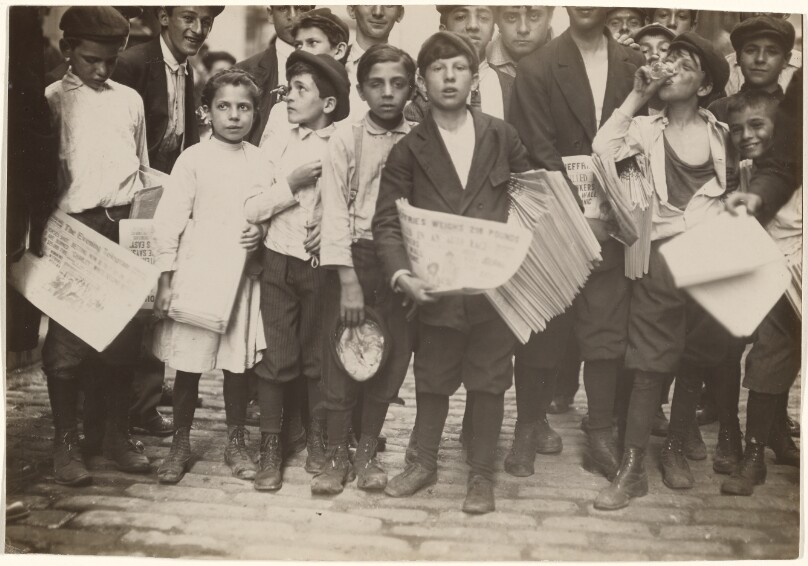 [Crowd of Newsies, Including One Girl]