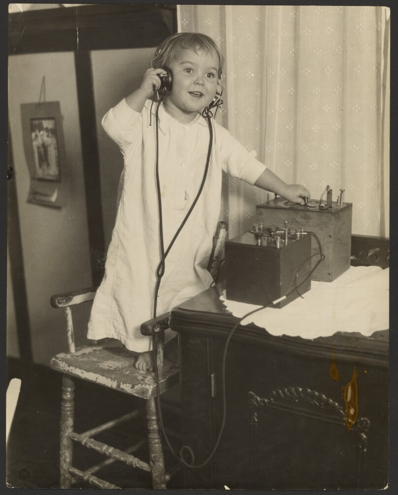 [Child with crystal radio set]