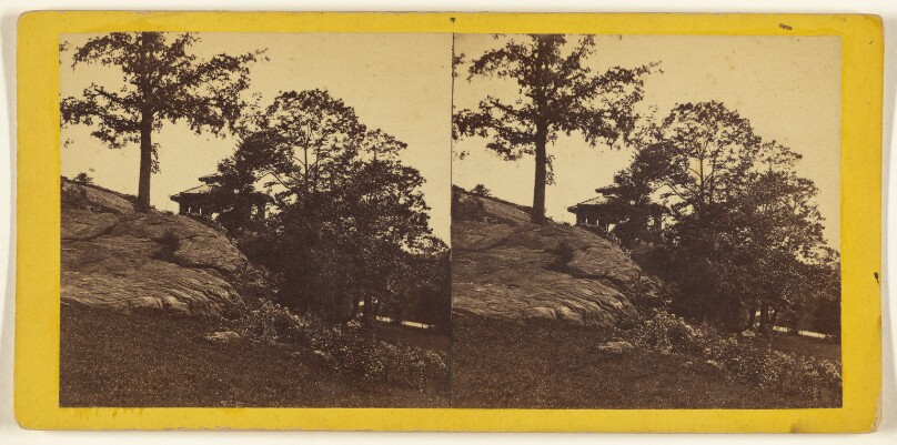 A Visit to the "Central Park" in the Summer of 1863. Large Rocks and Summer House East of the Mall.