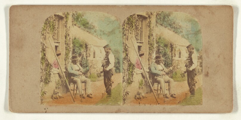 [Man holding fishing pole seated, another man standing holding potted plant, dog on ground at edge of building]