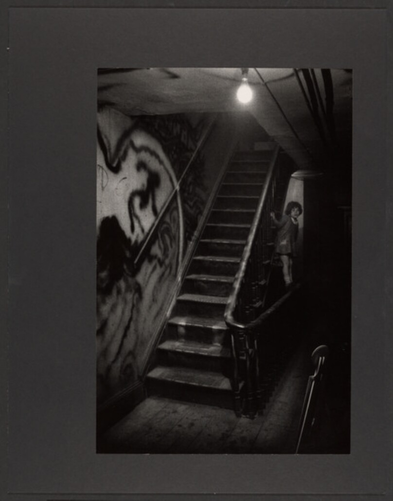 [Little Girl Standing on the Banister of a Staircase]