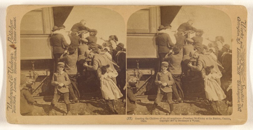 Greeting the Children of his old neighbors - President McKinley at the Station, Canton, Ohio.