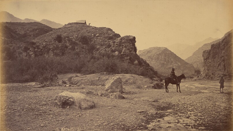 View looking up Gorge from below Sultan Tarra, showing Ali Musjid and Ground occupied by 3rd Brigade during night of 21st November