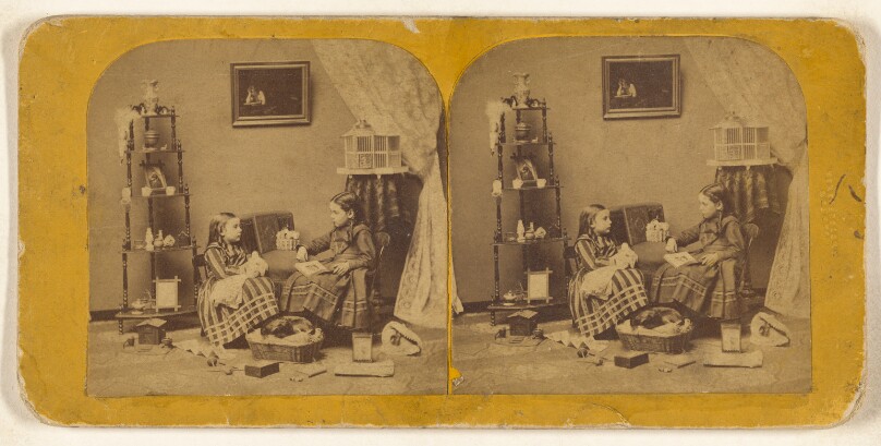 [Two young girls seated at a small table, little dog in its basket]