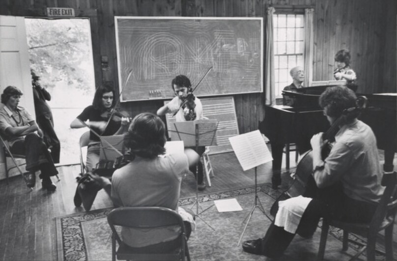 [Pianist Rudolf Serkin Playing Piano with String Quartet He is Instructing at the Marlboro School of Music During the Marlboro Festival]