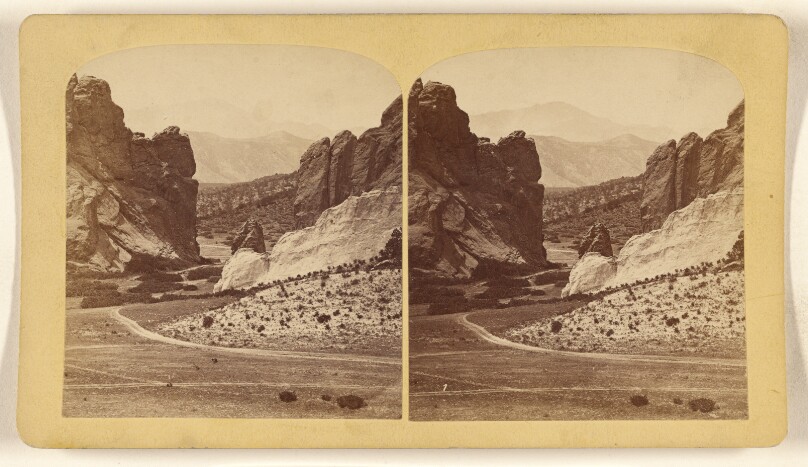 The Gateway, Entrance to the Garden of the Gods, And Pike's Peak Ten Miles Distant. Formation, Red Sandstone. Height...267...