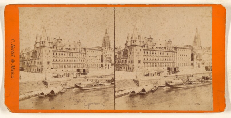 [Town view with river, possibly at Mainz, Germany]