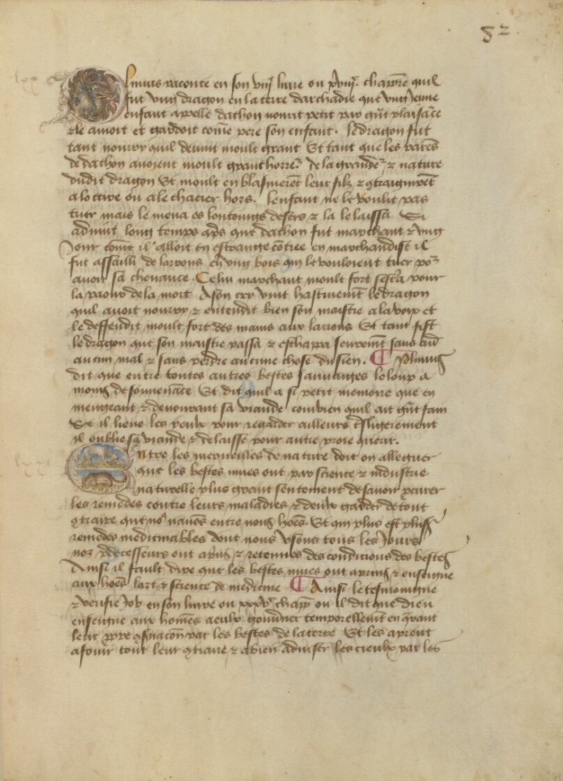 Historiated Initial P: Dachon [Thoas] and the Dragon of Arcadia; Historiated Initial E: Two animals: a dog and a fox;