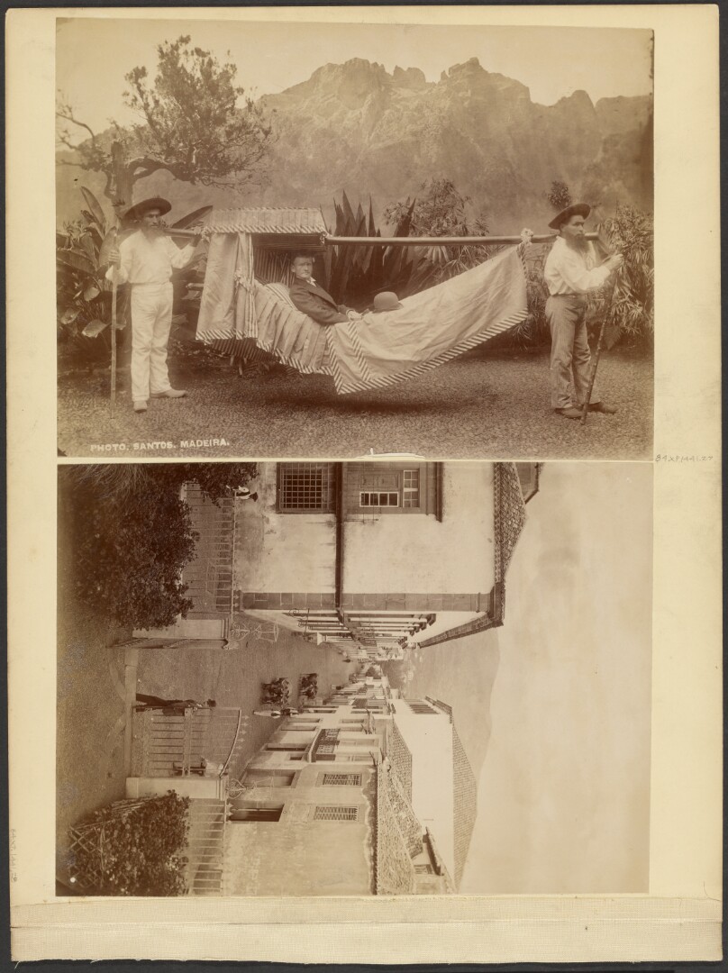 [Man being carried in covered hammock]