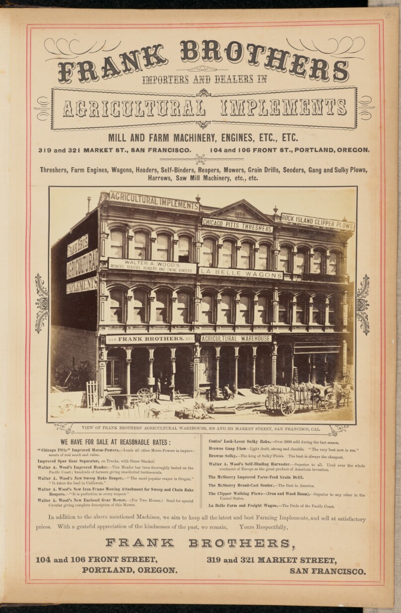View of Frank Brothers' Agricultural Warehouse, 319 and 321 Market Street, San Francisco, California