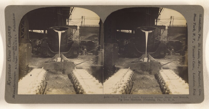 Front View of Ladle Emptying Molten Metal into Moulds, Pig Iron Machine, Pittsburg[h], Pa., U.S.A.