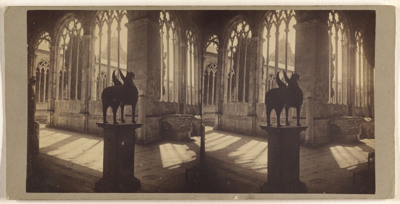 [Interior of unidentified Italian buidling, sculpture in foreground]