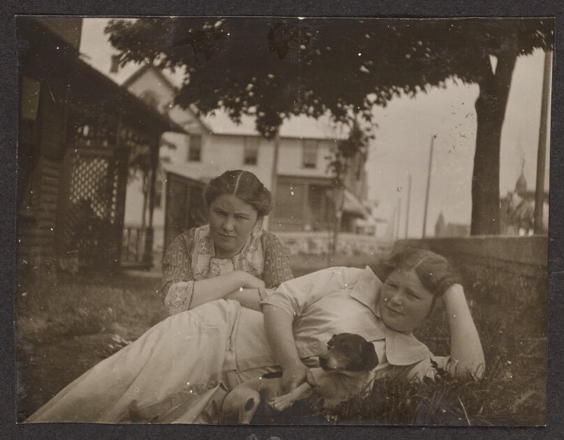 [Two women with a dog]