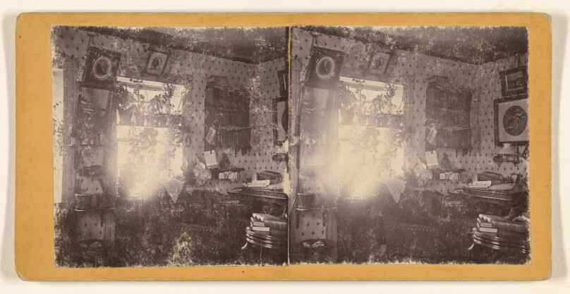 [Interior of a room, intense sunlight shining through window]