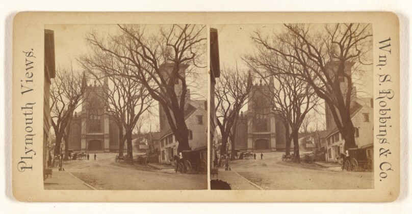 Town Square, and Unitarian Church standing on the site of the first church erected by the Pilgrims.