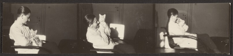 [Contact print-strip from three 37mm negatives: woman seated with cat]