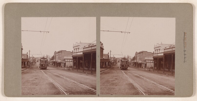 [Small town main street with trolley car] (recto); [Niagara Falls] (verso)