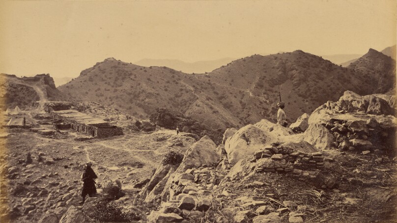 View looking up Western wall of Fort, showing right corner Bastion and position of the three Conical Peaks forming Enemy's right defence, with entire line of Sunga
