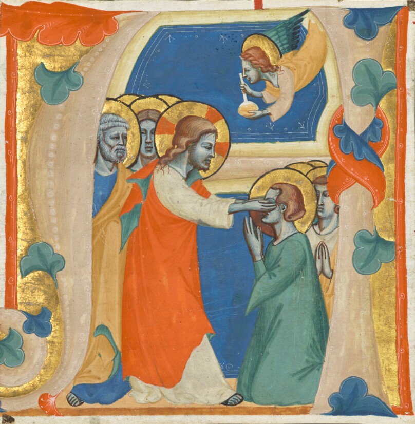 Initial A: Christ Wiping the Tears from the Eyes of the Saved