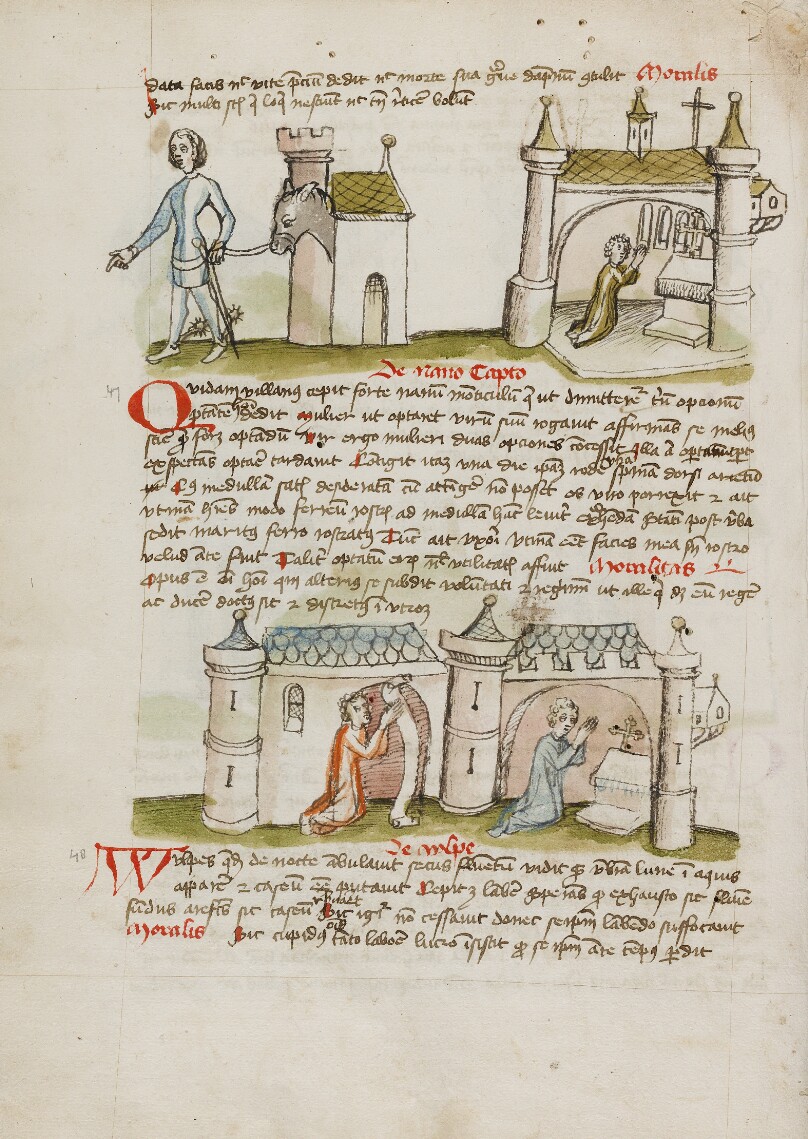 A Man with a Sword and Spurs Leading a Donkey from his House while a Man Prays in a Nearby Church; Two People Praying in a Church
