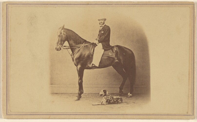 [Portrait of a man on a horse, with a dog lying on the ground]