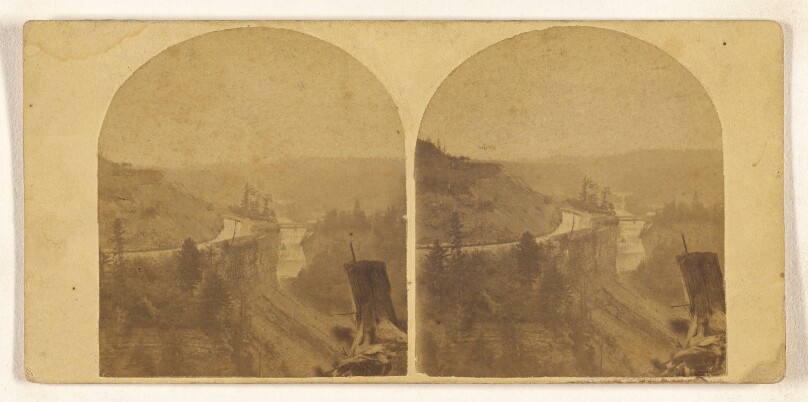 Genesee Falls, Portage, N.Y. View up the Genesee River from the High Bank below the Middle Falls. The Railroad Bridge...Canal.