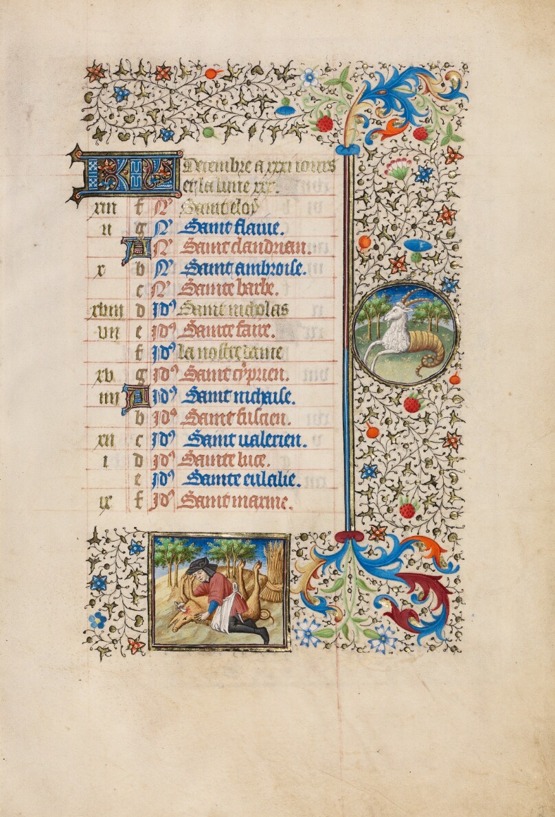 December Calendar Page; Slaughtering a Pig; Capricorn