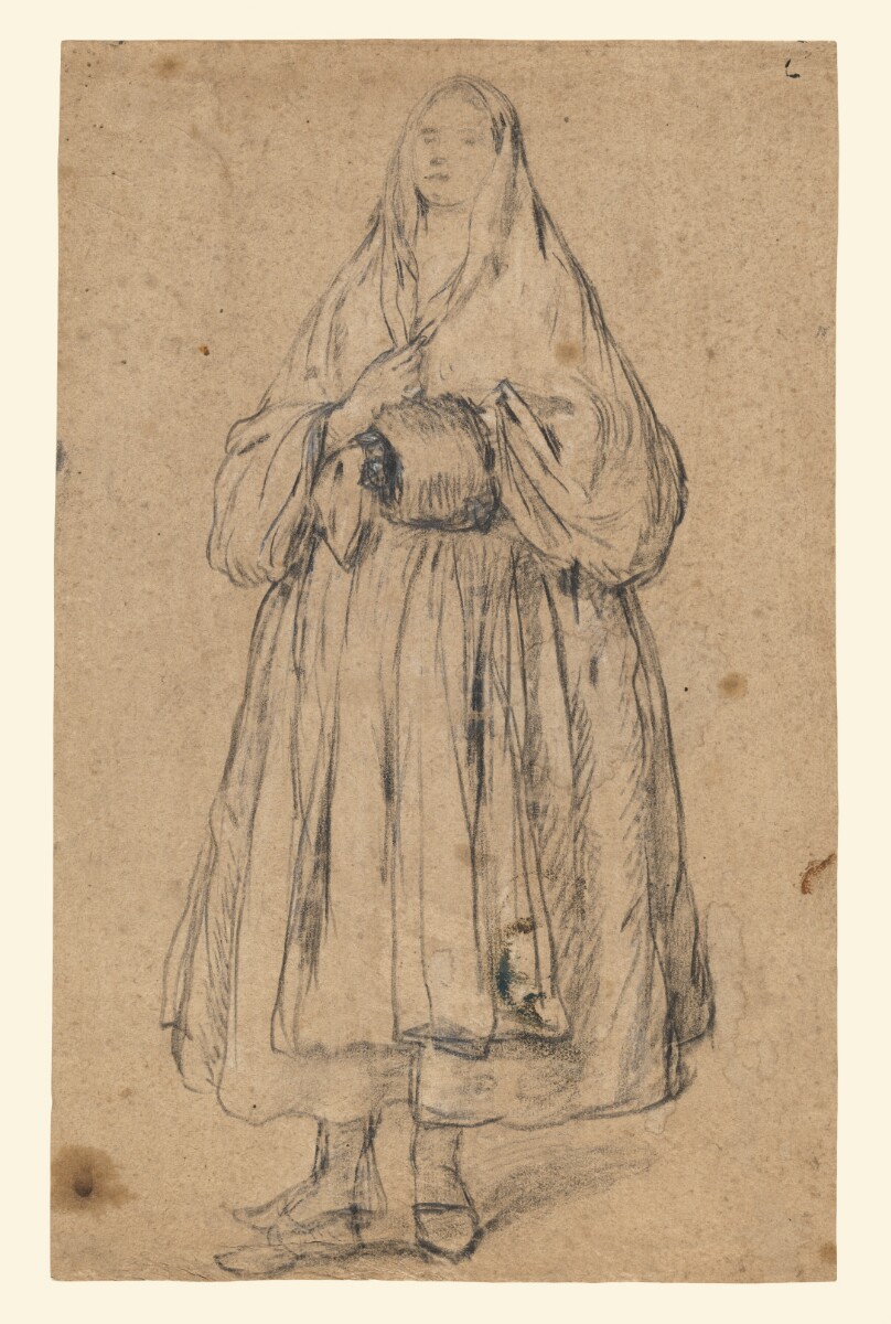 Standing Woman Holding a Muff, Turned Slightly to the Left (recto); Studies of Heads (verso)