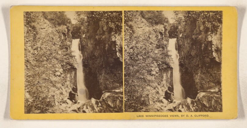 [Waterfall with man on cliff at or near Lake Winnipiseogee]