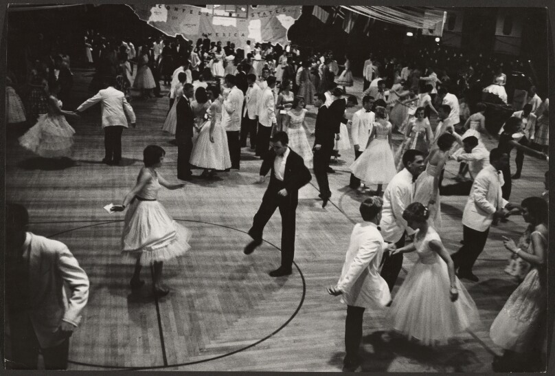 [Group of Students at School Dance on a Gymnasium Basketball Court]