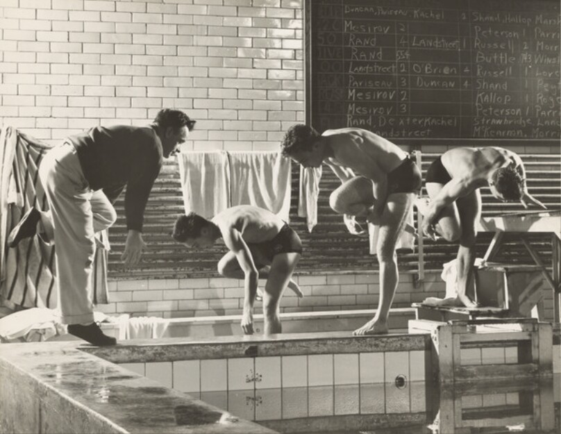 [Princeton University Diving Coach Howard Stepp Exercising Divers at Edge of Pool, Princeton, New Jersey]