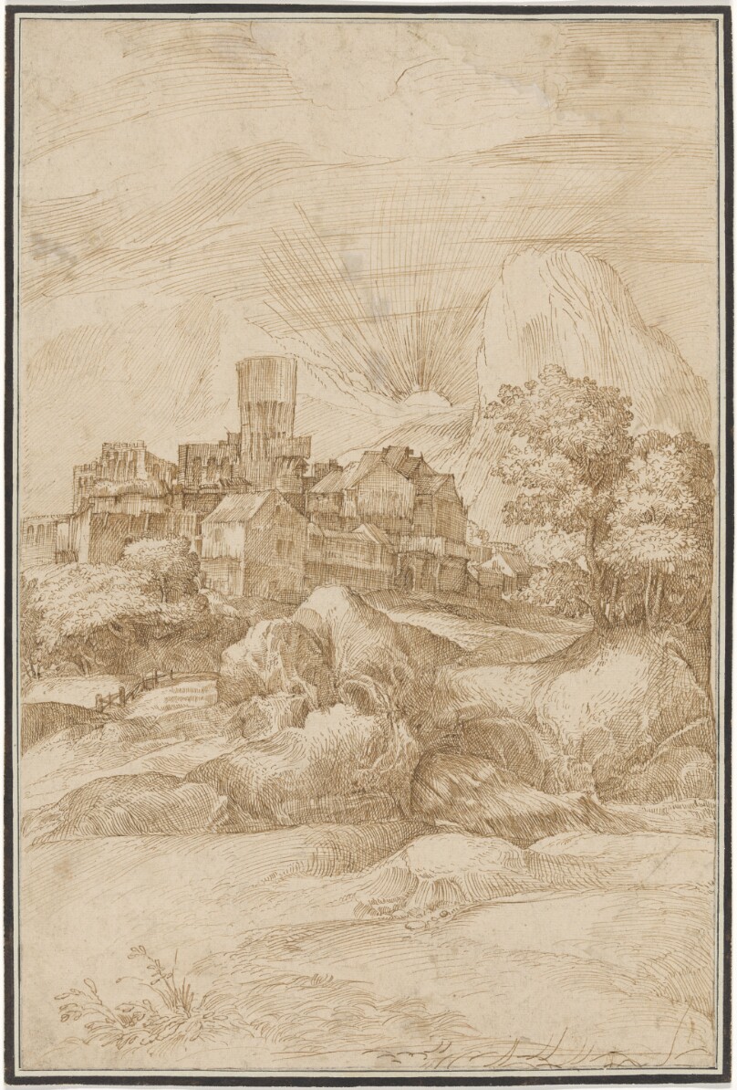 Landscape with Fortified City and Rising Sun