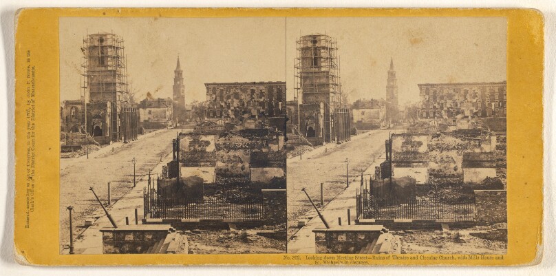 Looking down Meeting Street - Ruins of Theatre and Circular Church, with Mills House and St. Michael's...[Charleston, S.C.]
